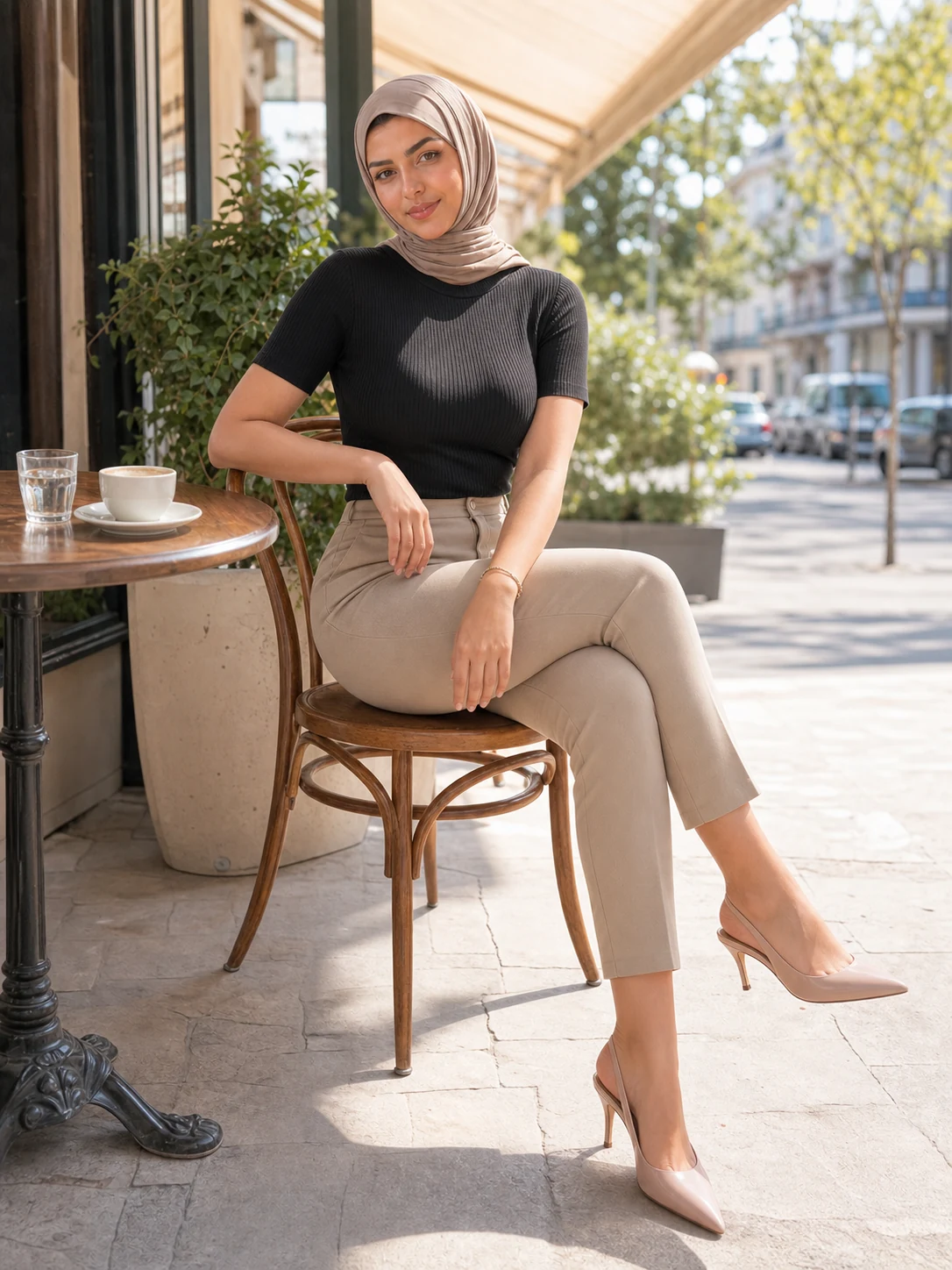 Dalia Nasser seated at a sunny sidewalk cafe in black and sand tailoring.