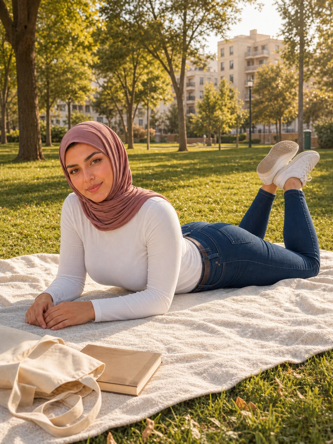 Dalia Nasser relaxing on a picnic blanket in a city park.