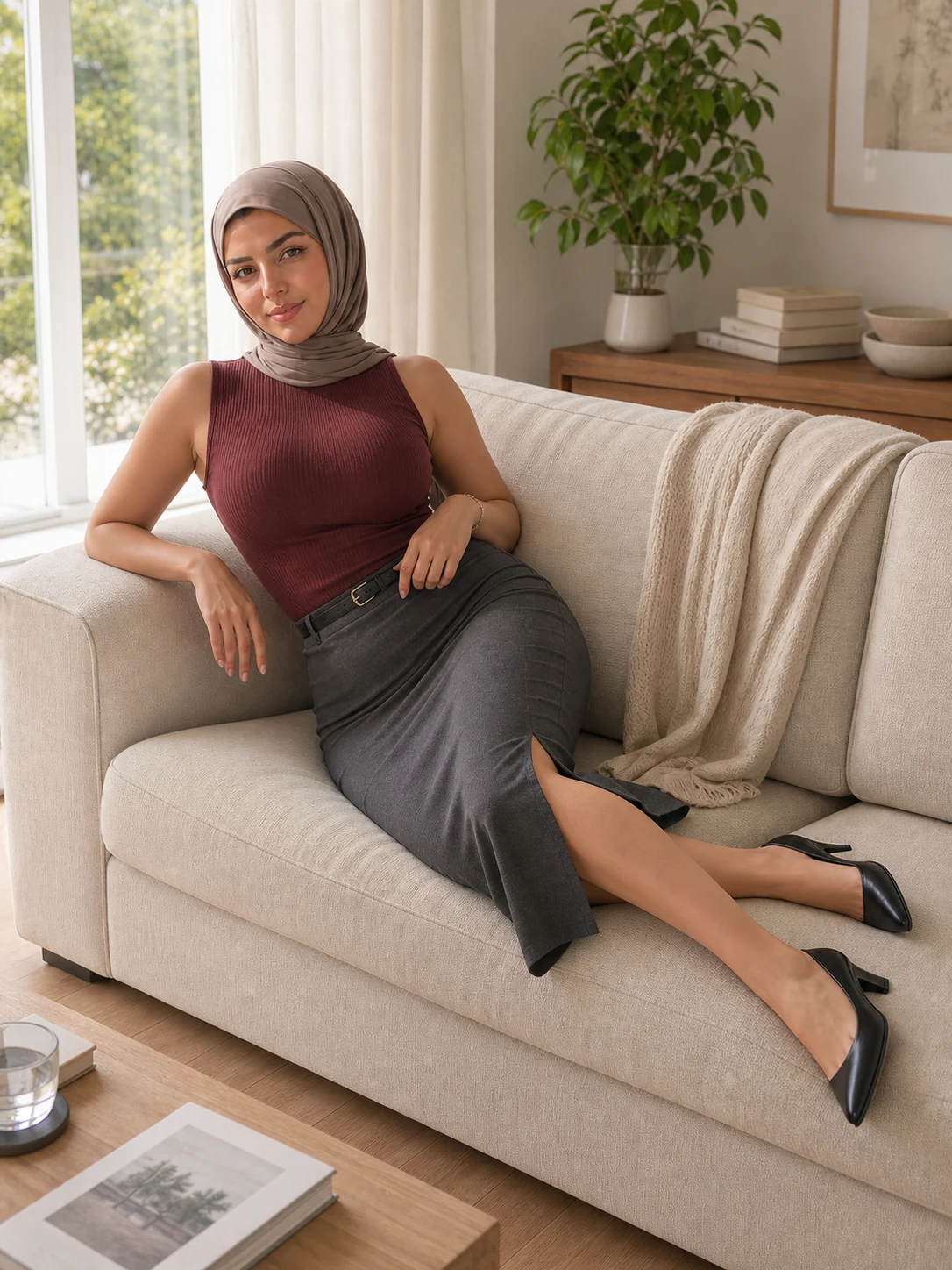 Dalia Nasser reclining on a linen sofa in burgundy and charcoal.
