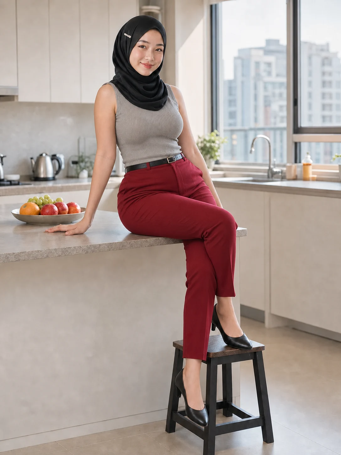 Mina Park in silver gray and crimson tailoring in a bright kitchen.