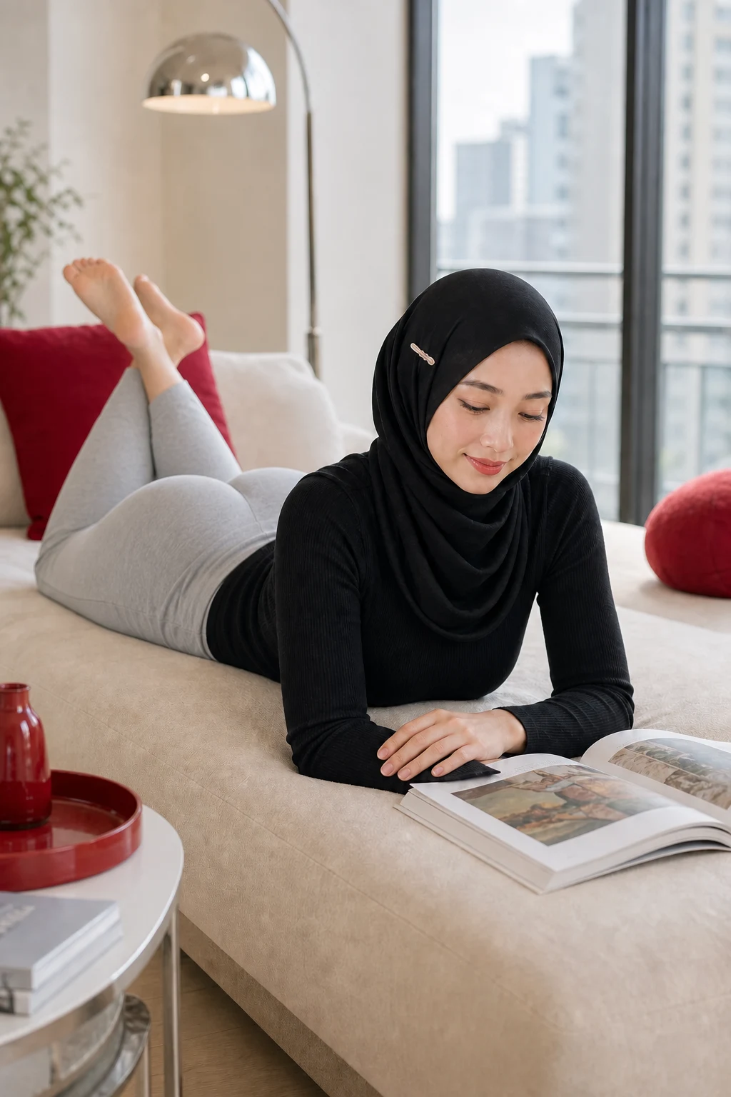 Mina Park reading on her stomach in soft gray lounge trousers.