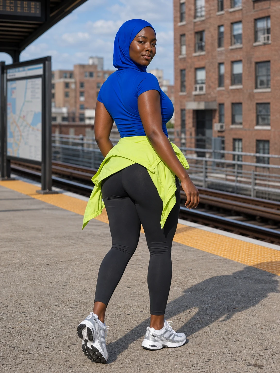 Samira Kale in cobalt and graphite at a sunny city platform.
