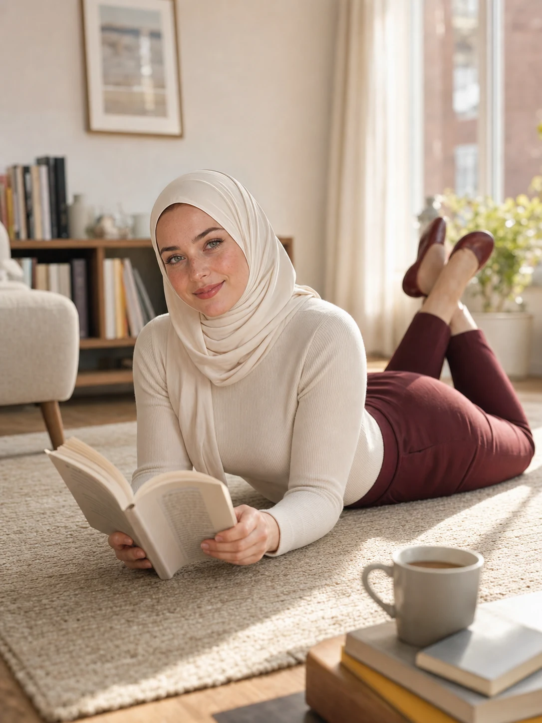 Sofia Voss reading at home in ivory knit and oxblood trousers.